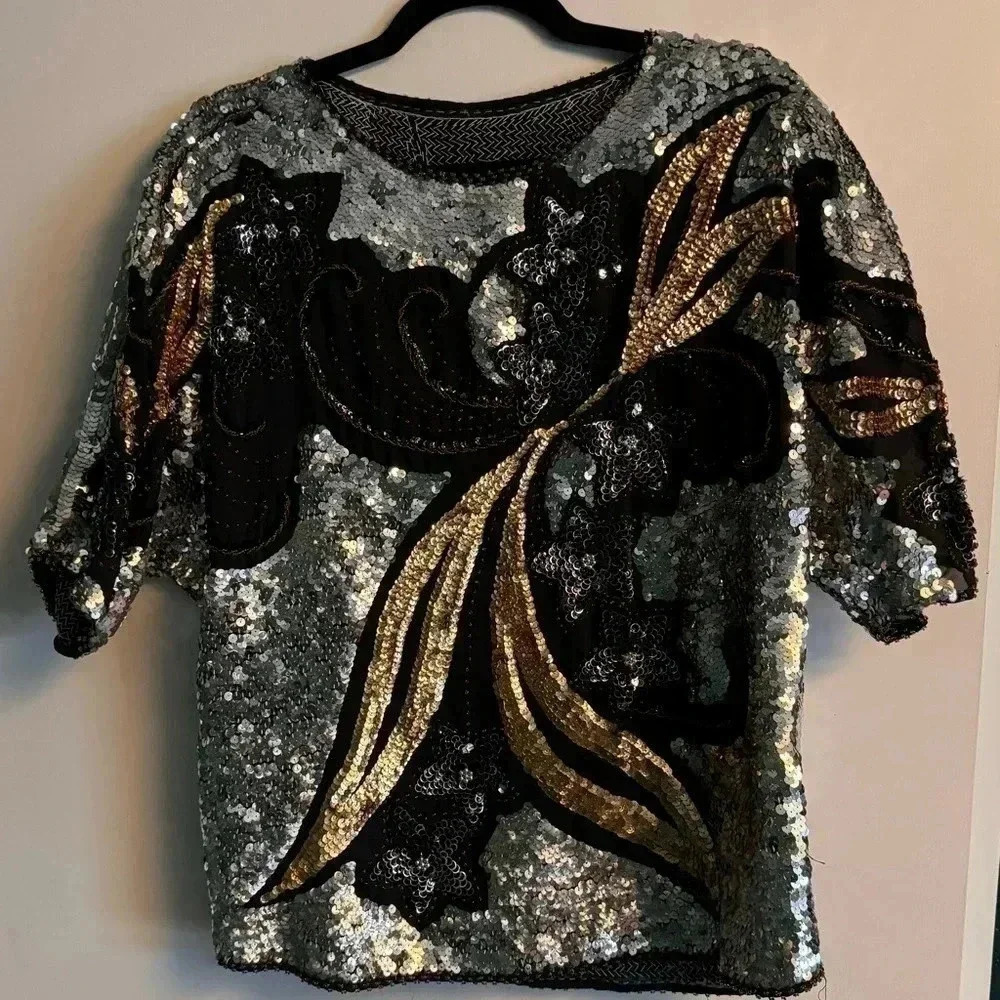 Vintage 70s Sequin Party Top Silver, Gold And Black